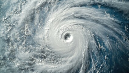 A satellite view of an extremely powerful hurricane, the eye is centered in the frame, a storm system can be seen on Earth below.