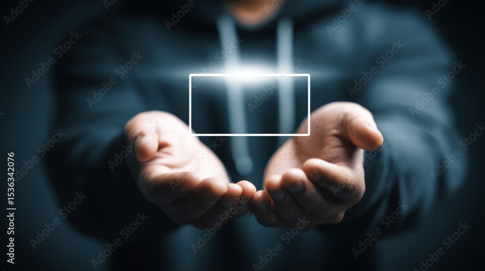 Poster person holding a virtual display using modern technology and innovation in hands.
