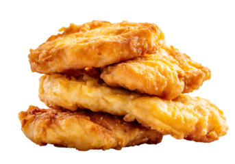 Golden brown crispy fried fish filets stacked high,On Transparent Background, Isolated on white