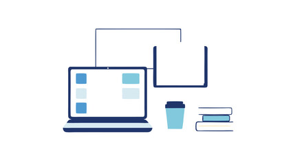 Streamlined study setup with a laptop coffee and books radiating focus and productivity minimalist