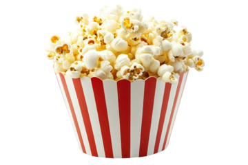 High-resolution red-and-white striped popcorn bucket brimming with fluffy kernels, isolated on transparent background PNG cut-out ideal for cinema snack icons and movie-theater menus