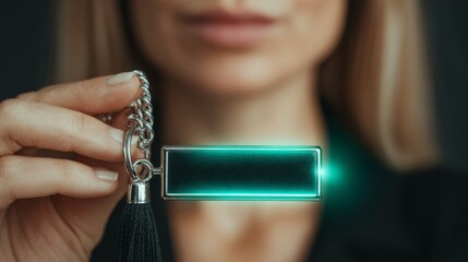 Person holding a sleek keychain with a glowing tag in a stylish atmosphere.