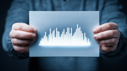 Person holding a transparent sheet displaying a digital sound wave pattern.