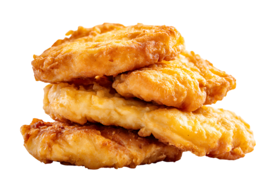 Golden brown crispy fried fish filets stacked high,On Transparent Background, Isolated on white