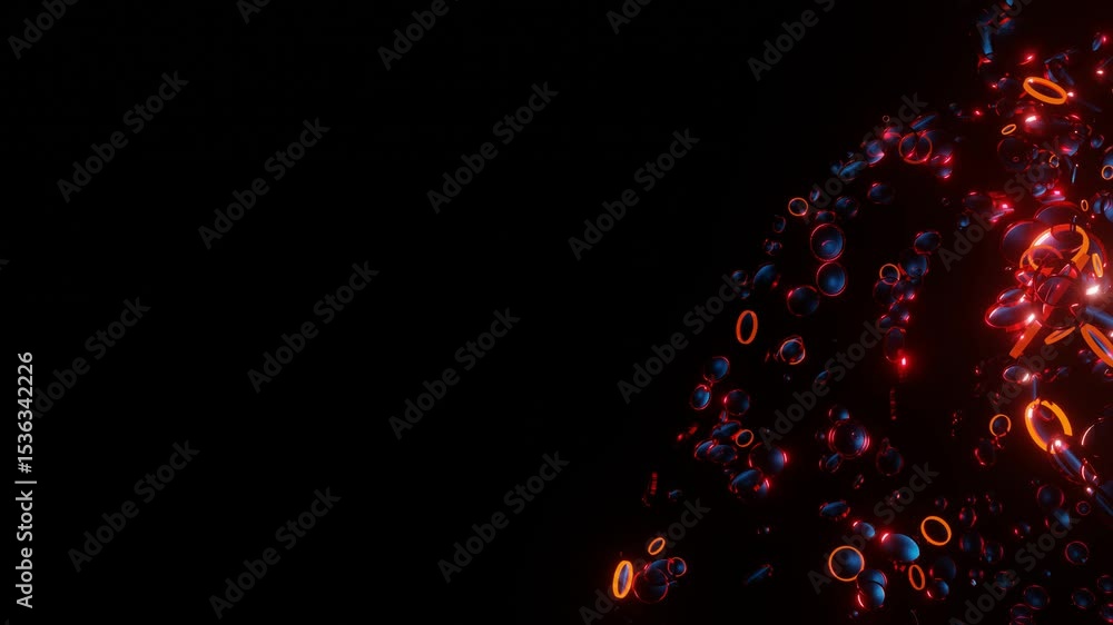 Poster flashing red and orange rings of different sizes move on a black background. 3d render looped animat