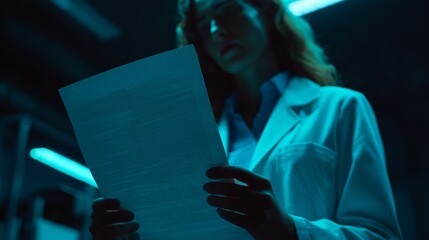 Scientist examines research paper in a dimly lit lab with blue lighting.