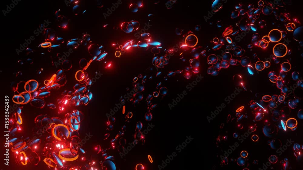 Poster flashing red and orange rings of different sizes move on a black background. 3d render looped animat