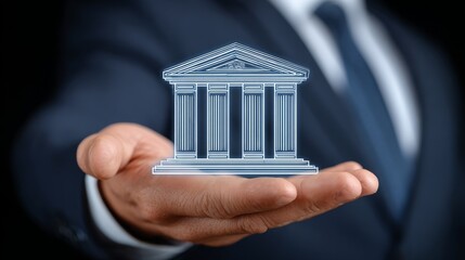 A business professional holding a digital model of a classical building icon.