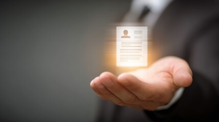 A business professional holding a digital identity card in a modern setting.