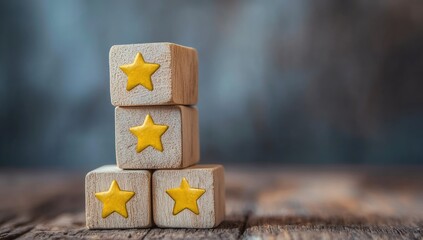 A stack of wooden blocks with yellow stars on them, representing customer's virtual attention focused on the top three celestial bodies for their wisdom and power