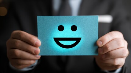 A businessman holding a card with a smiley face, showcasing positivity in life.