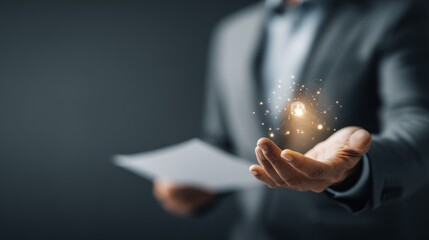 A businessman holding a document with glowing sparkles in his hand, symbolizing ideas.
