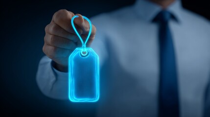 A businessman holding a glowing blue tag, symbolizing modern marketing and branding.