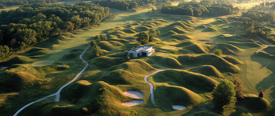 Aerial view of golf course with rolling hills and sand bunkers, surrounded by lush greenery