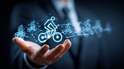 A businessman holds a digital representation of cycling technology.