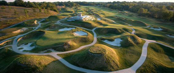 Aerial view of golf course with rolling hills, sand traps, and lush greenery, creating serene landscape