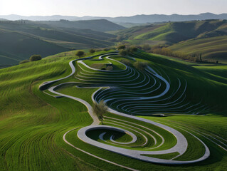 Aerial view of stunning landscape with winding paths and lush green hills, creating serene and artistic scene