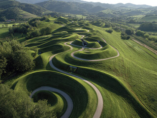 Aerial view of lush, green landscape featuring winding paths and rolling hills, creating serene and artistic scene