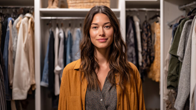 A woman standing in front of ten open closets full of clothes. Symbol of a major environmental problem caused by urban overconsumption waste. Abstract image.