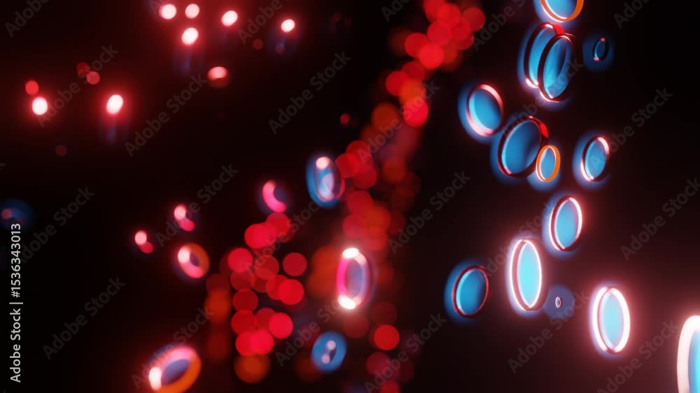 Aufkleber flashing red and orange rings of different sizes move on a black background. 3d render looped animat
