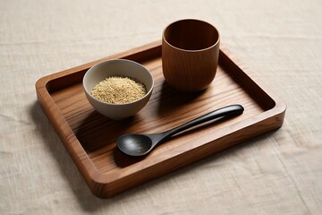 Wooden Tray with Spice Jar and and Measuring Spoon.