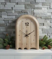 Beige Round Clock New Years Countdown Centerpiece with Pine Cones.