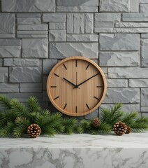 Beige Round Clock New Years Countdown Centerpiece with Pine Cones.
