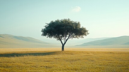 Obraz premium Lone Tree in Golden Field with Distant Hills in Clear Sky