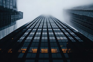 A tall building seen from below, surrounded by green trees with a blue sky in the background. A stock photo of an office skyscraper.