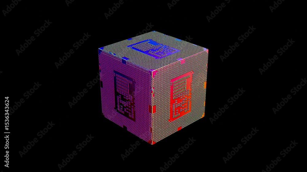 Poster abstract red blue technology cube with cpu texture on edges rotates on black background. 3d render l