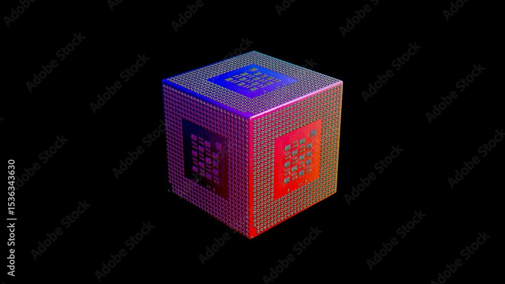 Aufkleber abstract red blue technology cube with cpu texture on edges rotates on black background. 3d render l