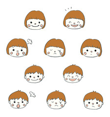 手描きの可愛い男の子と女の子の表情別イラストセット