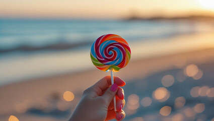 A female hand holding a bright lollipop in golden hour light, dreamy beach background with soft bokeh. Warm, minimal, and vibrant summer vibe.

