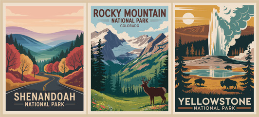 Obraz na płótnie Canvas Set of National Park travel posters in retro style. Rocky mountains, Shennadoah, Yellowstone landscape vector vintage illustrations