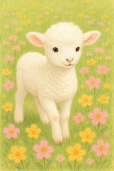 Cute lamb frolicking in a flower filled meadow