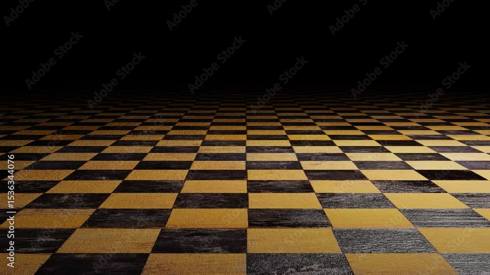 Poster endless camera movement forward into the darkness over an old wooden chessboard. 3d render looped an