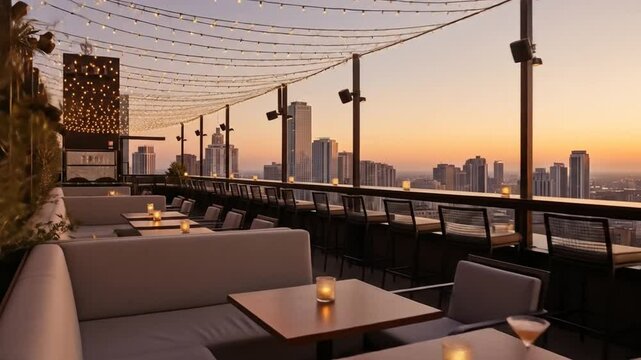 Rooftop bar with cityscape view at sunset