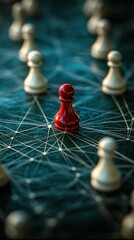 Unique Red Pawn Standing Out on a Digital Network Chess Board - Strategy and Leadership Concept pawn