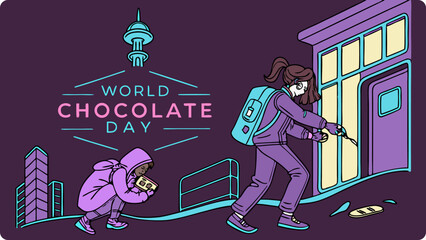 Two children celebrate world chocolate day in a city at night, one holding a chocolate bar while the other opens a shop door