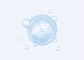 Blue liquid collagen bubbles with molecules inside. Collagen skin serum. Cosmetic essence. Concept skin care cosmetics solution