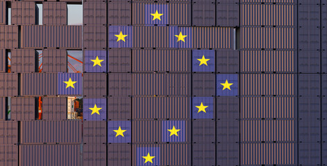 Stacks of Containers in the seaport stacked in the shape of the UE flag