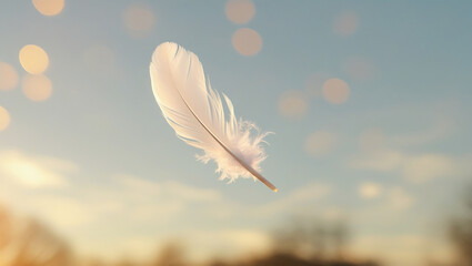 Naklejka premium Golden hour feather photo with dreamy background and shallow depth of field, expressing stillness, beauty, and ethereal calm.