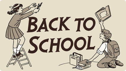 Obraz premium Two children prepare for back to school one climbs a ladder while the other holds a book