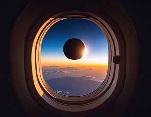 Total solar eclipse seen through an airplane window