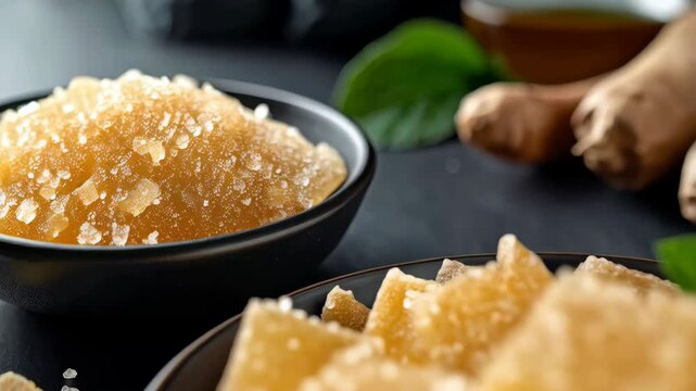 Close-up of candied ginger pieces on a dark plate, with fresh ginger root and mint garnish, suggesting a sweet and healthy treat