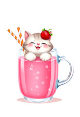 Adorable Kitten in Strawberry Milkshake