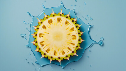 Tropical fruit visual of a pineapple slice with water droplets on a clean pastel blue backdrop. Great for juice branding, recipe blogs, and refreshing product mockups.