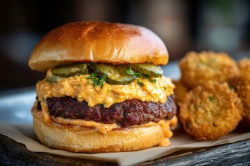 Pimento cheese burger with fried green tomato
