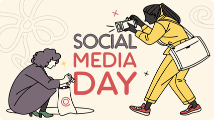 Two women celebrate social media day one taking a photo while another unpacks a gift