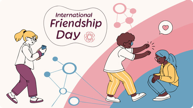 Three friends celebrate international friendship day together, shown in a cheerful illustration